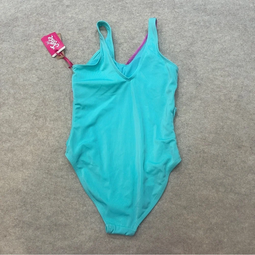 Justice Teal Purple Ribbed Cutout One Piece Swimsuit Girl’s size L(12-14) New